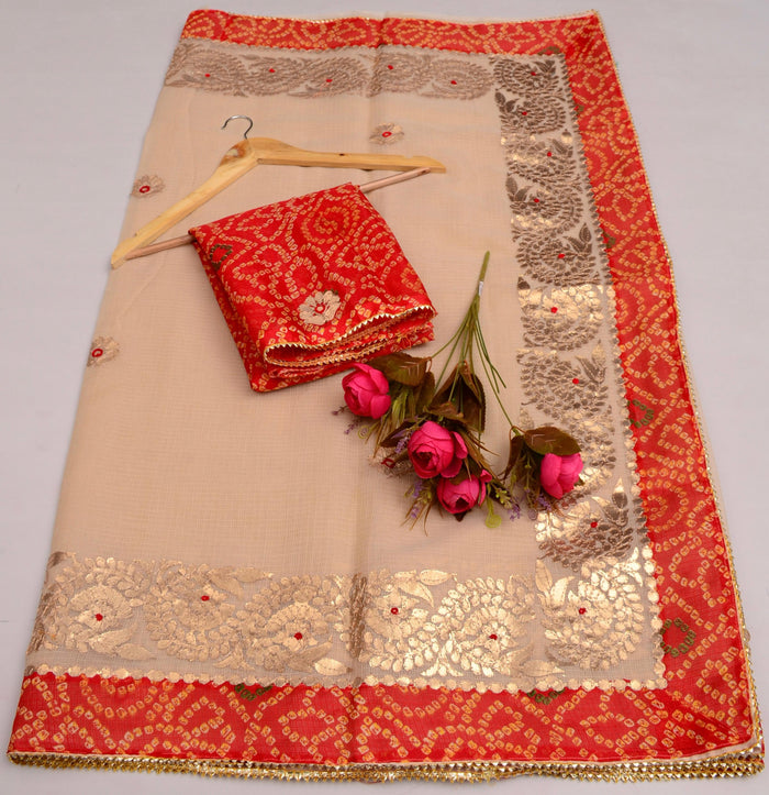 Kota Doria Gotta Patti Work Saree With Bandhej Border - Beige Color