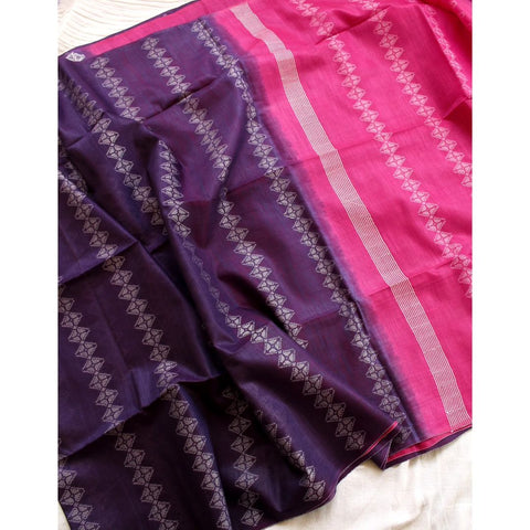 Double Color Semi Tussar Silk Saree with Woven Design - Purple & Pink Combination