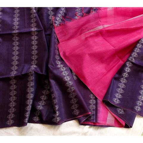 Double Color Semi Tussar Silk Saree with Woven Design - Purple & Pink Combination
