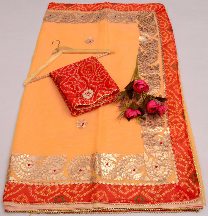 Kota Doria Gotta Patti Saree with Bandhej Border - Pastel Orange Color