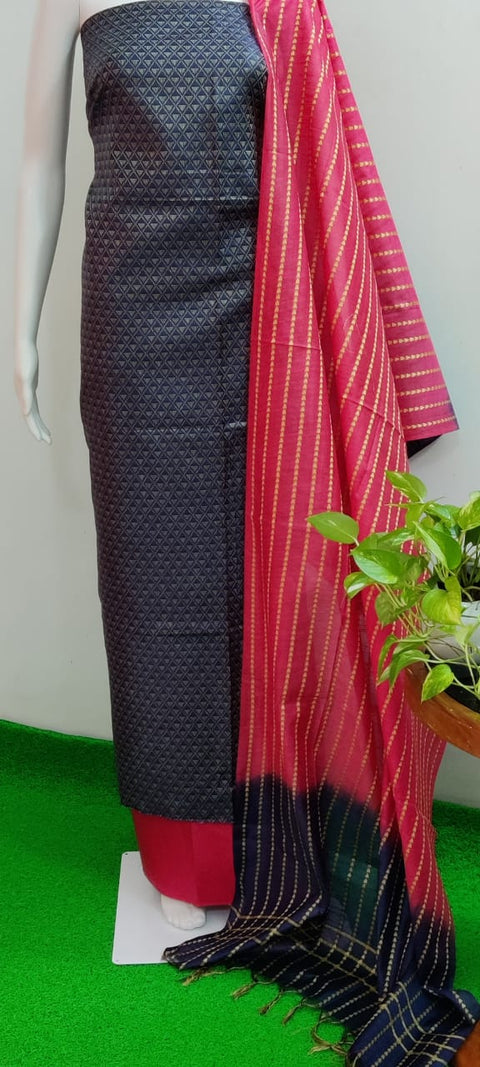 Cotton Silk Woven Design Unstitched Dress Material for Women - Black & Red Colour