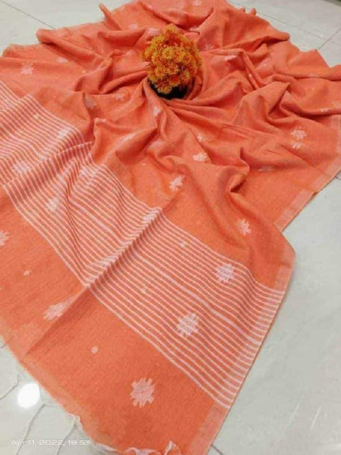 క్లాసిక్ కాటన్ చీర, మ్యాచింగ్ బ్లౌజ్ పీస్ - ఆరెంజ్ కలర్