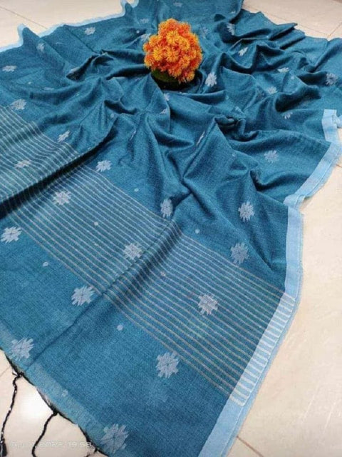 Classic Cotton Saree with Matching Blouse Piece - Blue Color
