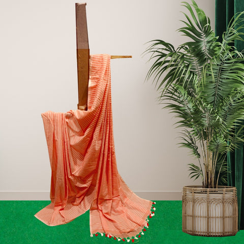 MulMul Cotton Striped Saree with Running Blouse - Peach Color