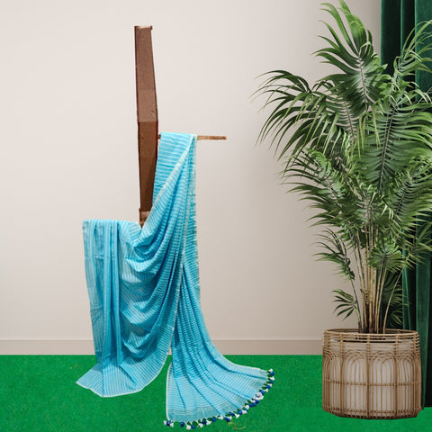 MulMul  Cotton Striped Saree with Running Blouse - Blue Color