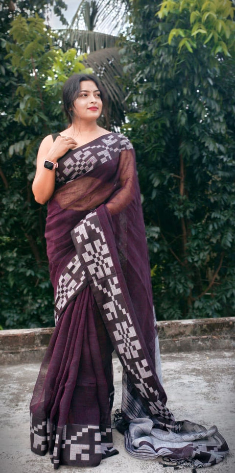 Pure Cotton Weaving Saree with Matching Running Blouse - Wine Color