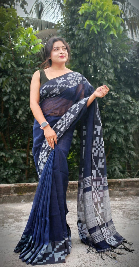 Pure Cotton Weaving Saree with Matching Running Blouse - Blue Color
