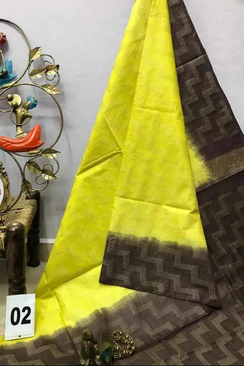 Cotton Silk Kantha Saree with Box Pattern Dyeing Design - Yellow and Brown Color
