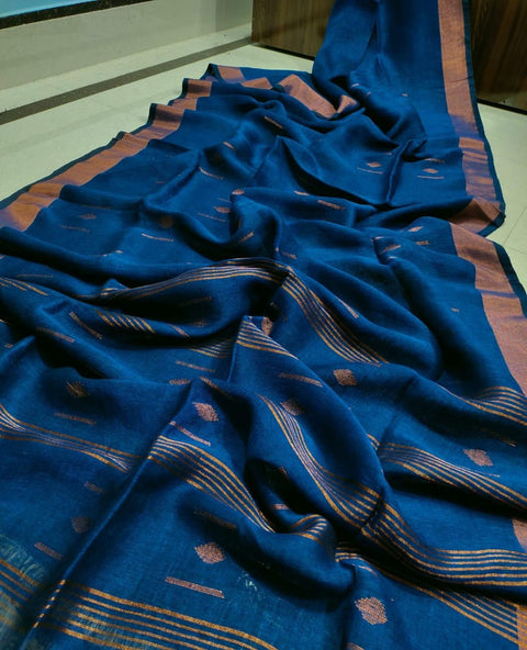 Linen Weaving Saree with Matching Running Blouse - Navy Blue Color