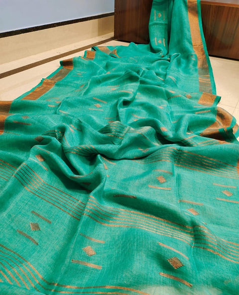Linen Weaving Saree with Matching Running Blouse - Sea Green Color