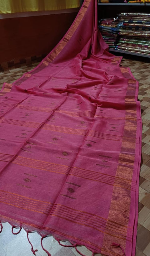 Linen Weaving Saree with Matching Running Blouse - Pink Color