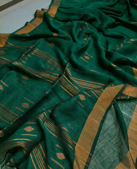 Linen Weaving Saree with Matching Running Blouse - Green Color