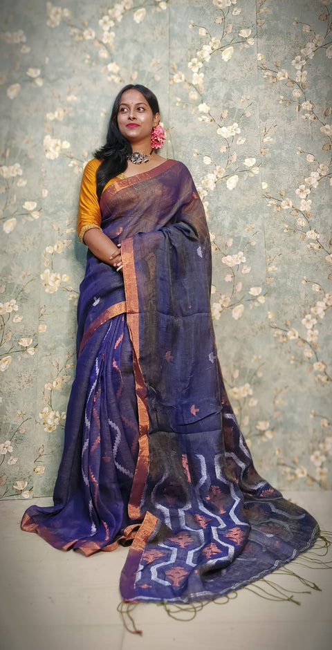 Pure Tissue Linen Silk Weaving Saree With Running Blouse - Navy Blue Color