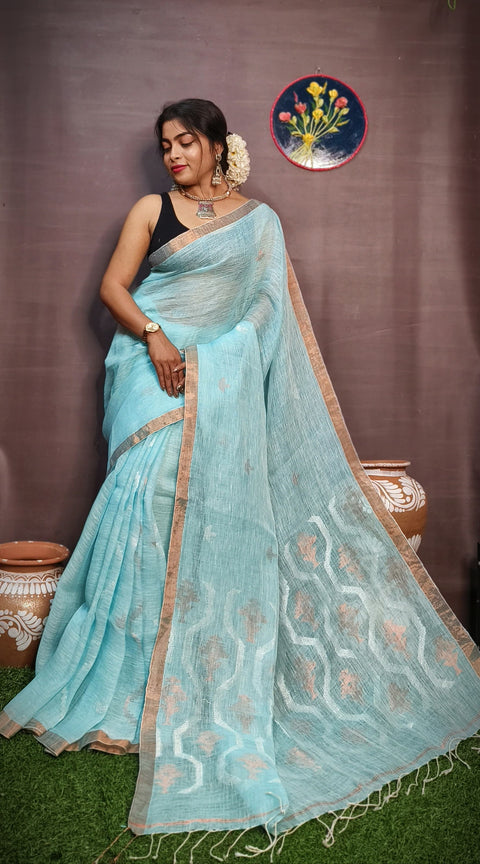 Pure Tissue Linen Silk Weaving Saree With Running Blouse - Sky Blue Color