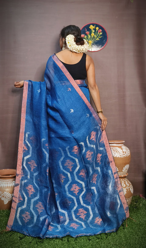 Pure Tissue Linen Silk Weaving Saree With Running Blouse - Blue Color