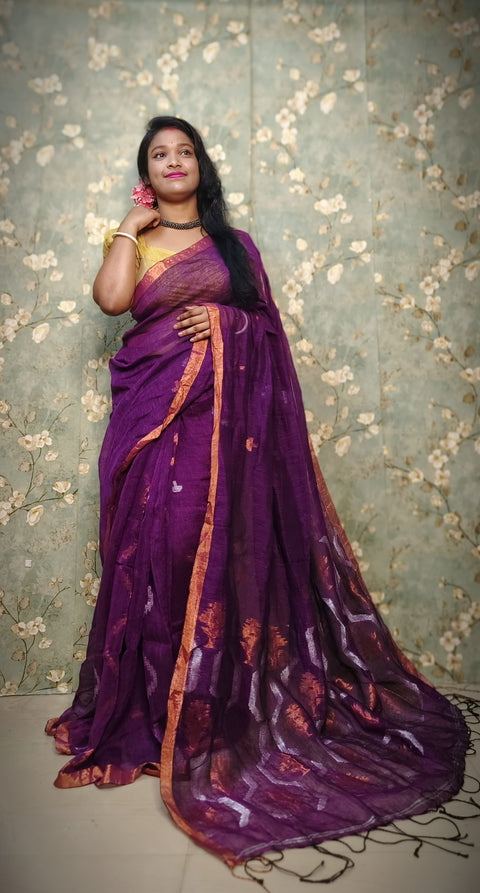 Pure Tissue Linen Silk Weaving Saree With Running Blouse - Purple Color