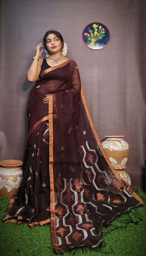 Pure Tissue Linen Silk Weaving Saree With Running Blouse - Brown Color