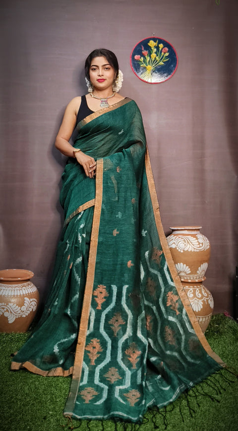 Pure Tissue Linen Silk Weaving Saree With Running Blouse - Green Color