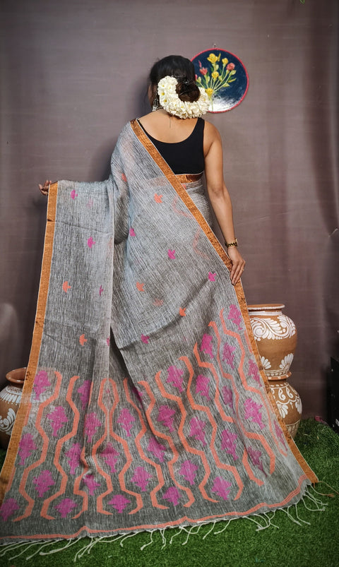 Pure Tissue Linen Silk Weaving Saree With Running Blouse - Grey Color