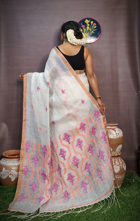 Pure Tissue Linen Silk Weaving Saree With Running Blouse - White Color