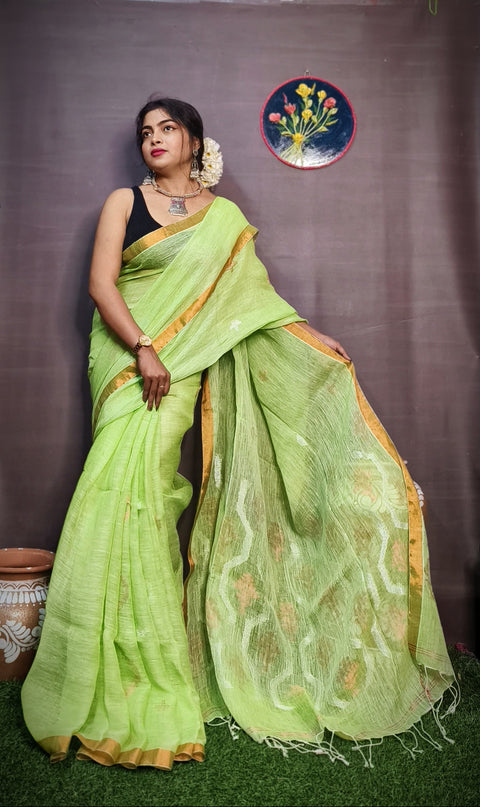 Pure Tissue Linen Silk Weaving Saree With Running Blouse - Lime Color