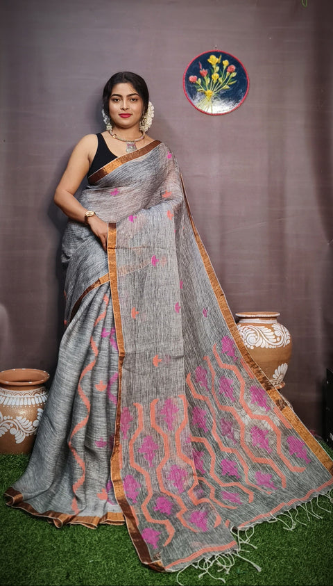 Pure Tissue Linen Silk Weaving Saree With Running Blouse - Grey Color
