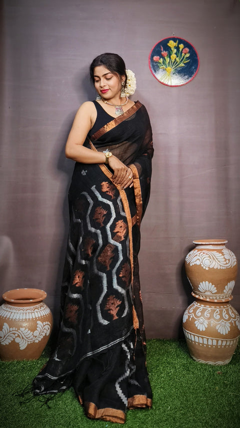 Pure Tissue Linen Silk Weaving Saree With Running Blouse - Black Color