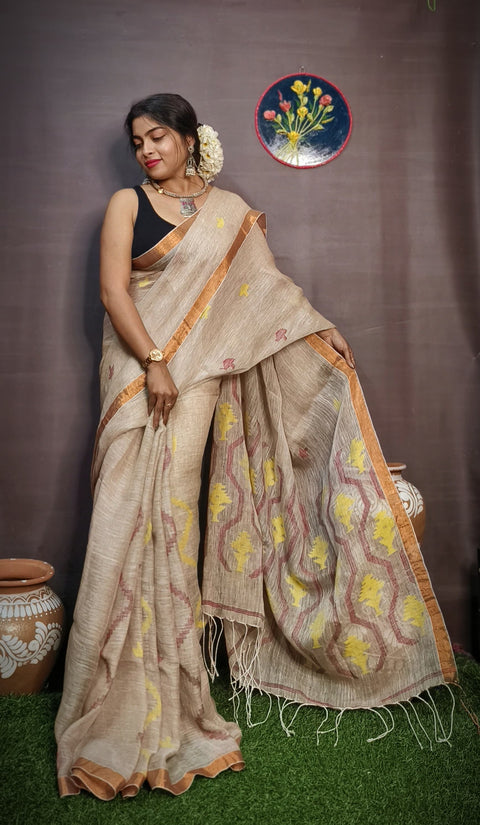 Pure Tissue Linen Silk Weaving Saree With Running Blouse - Beige Color