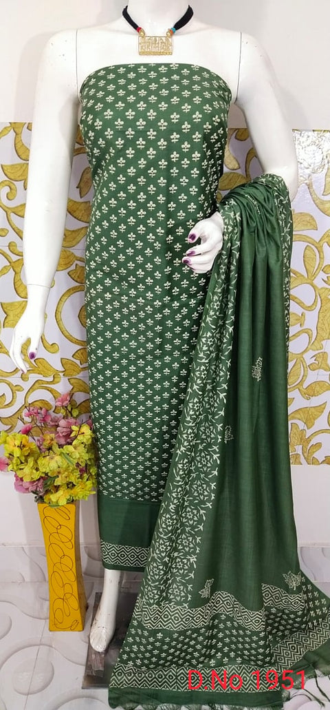 Katan Staple Dress Material with Rubber Print Design - Green Color