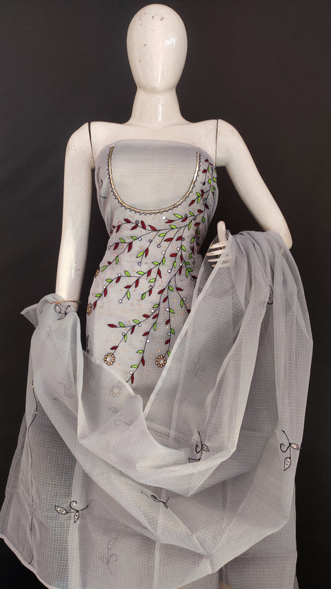 Kota Doria Hand-Embroidered Designer Suits - Grey Color