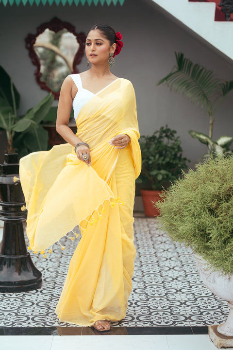 Mulmul Plain Cotton Saree - Yellow Color