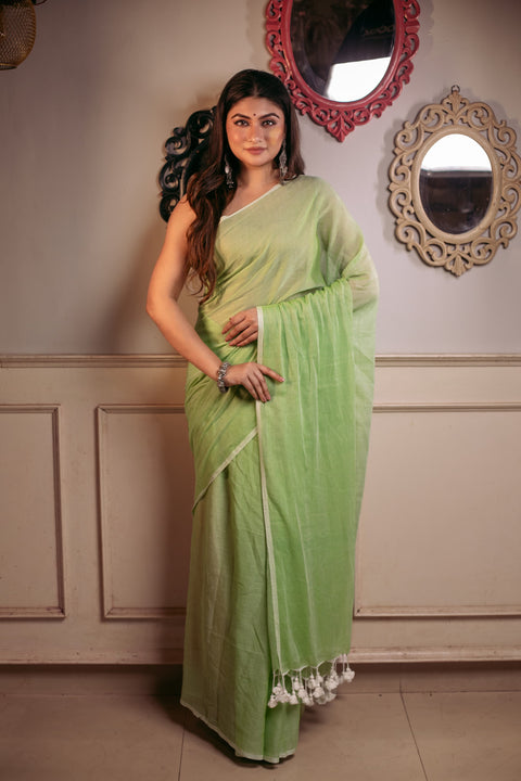 Mulmul Plain Cotton Saree - Green Color