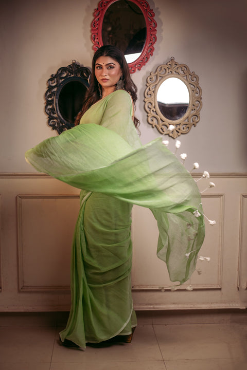Mulmul Plain Cotton Saree - Green Color
