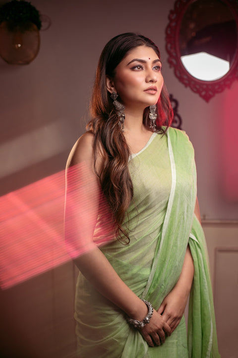 Mulmul Plain Cotton Saree - Green Color