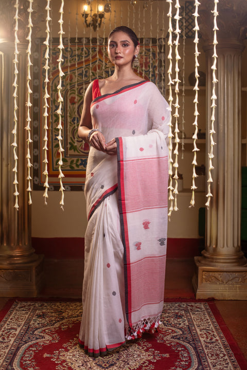Cotton MulMul Jamdani Saree with Running Blouse - Red and White Color Combination