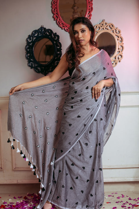 Mul Cotton Saree for Daily Wear with Blouse - Grey Color