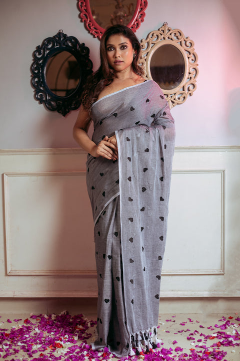 Mul Cotton Saree for Daily Wear with Blouse - Grey Color