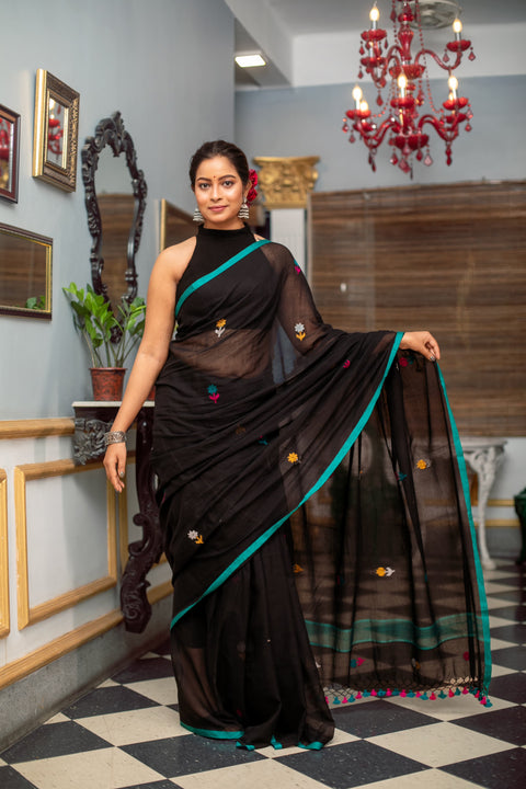 Mul Cotton Saree with Attached Blouse Piece - Black Color