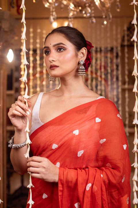 Mul Cotton Saree with Heart Embroidery and Matching Running Blouse - Red Color