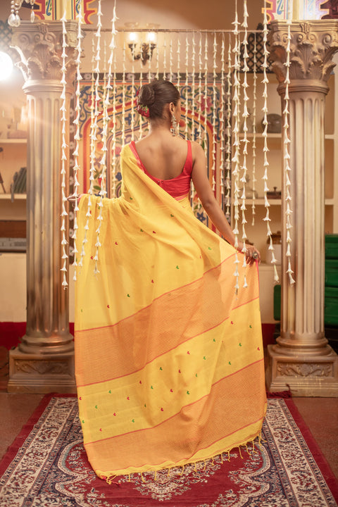 Mul Cotton Jamdani Saree with Running Blouse - Yellow Color