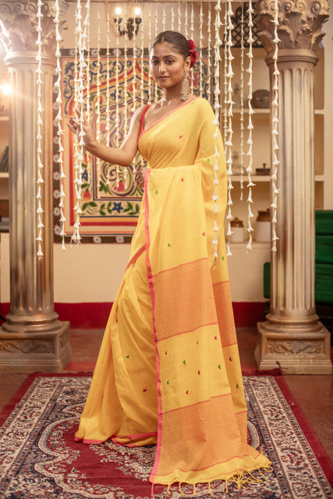 Mul Cotton Jamdani Saree with Running Blouse - Yellow Color