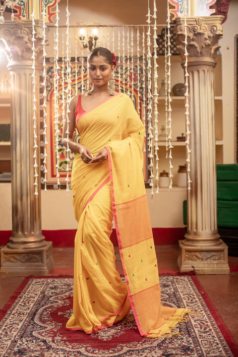 Mul Cotton Jamdani Saree with Running Blouse - Yellow Color