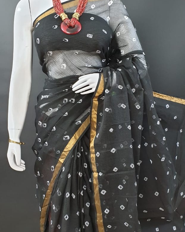 Pure Cotton Kota Doria Bhandej Saree - Black Color