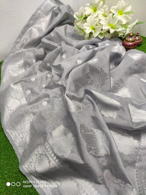 Semi Chiffon Georgette Silk Saree with Silver Zari Work and Blouse - Grey Color
