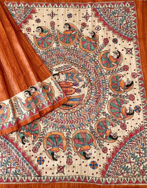 Madhubani Hand Painted Tussar gicha Silk Saree - Orange Colour