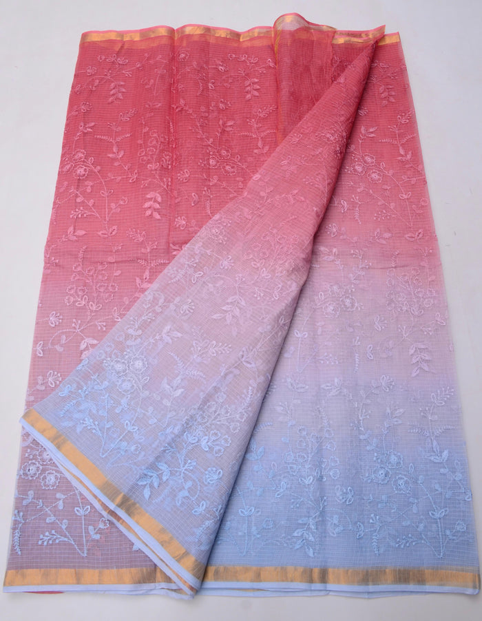 Kota Doria Pure Cotton Saree with All Over Embroidery - Red and Blue Colour