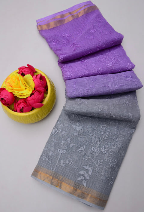 Kota Doria Pure Cotton Saree with All Over Embroidery - Purple and Bluish Grey Colour