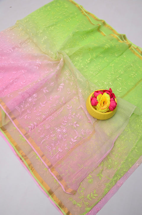 Kota Doria Pure Cotton Saree with All Over Embroidery - Green and Pink Colour
