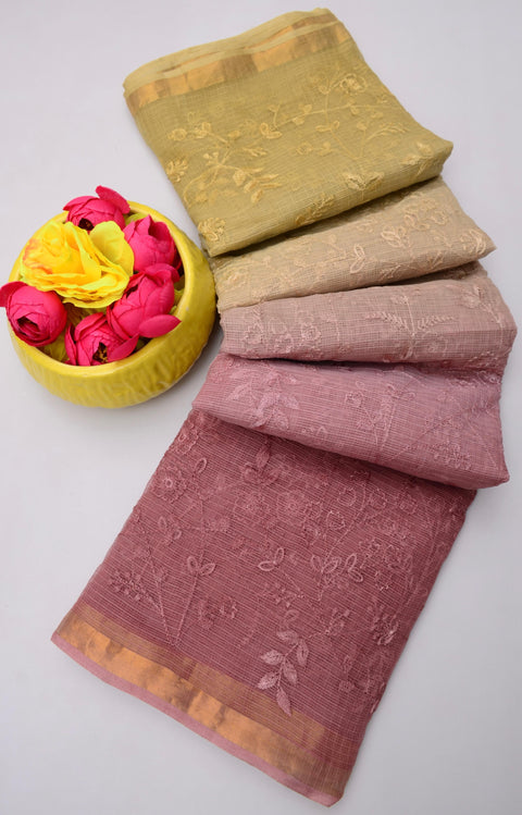 Kota Doria Pure Cotton Saree with All Over Embroidery - Beige and Red Colour