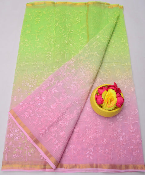 Kota Doria Pure Cotton Saree with All Over Embroidery - Green and Pink Colour